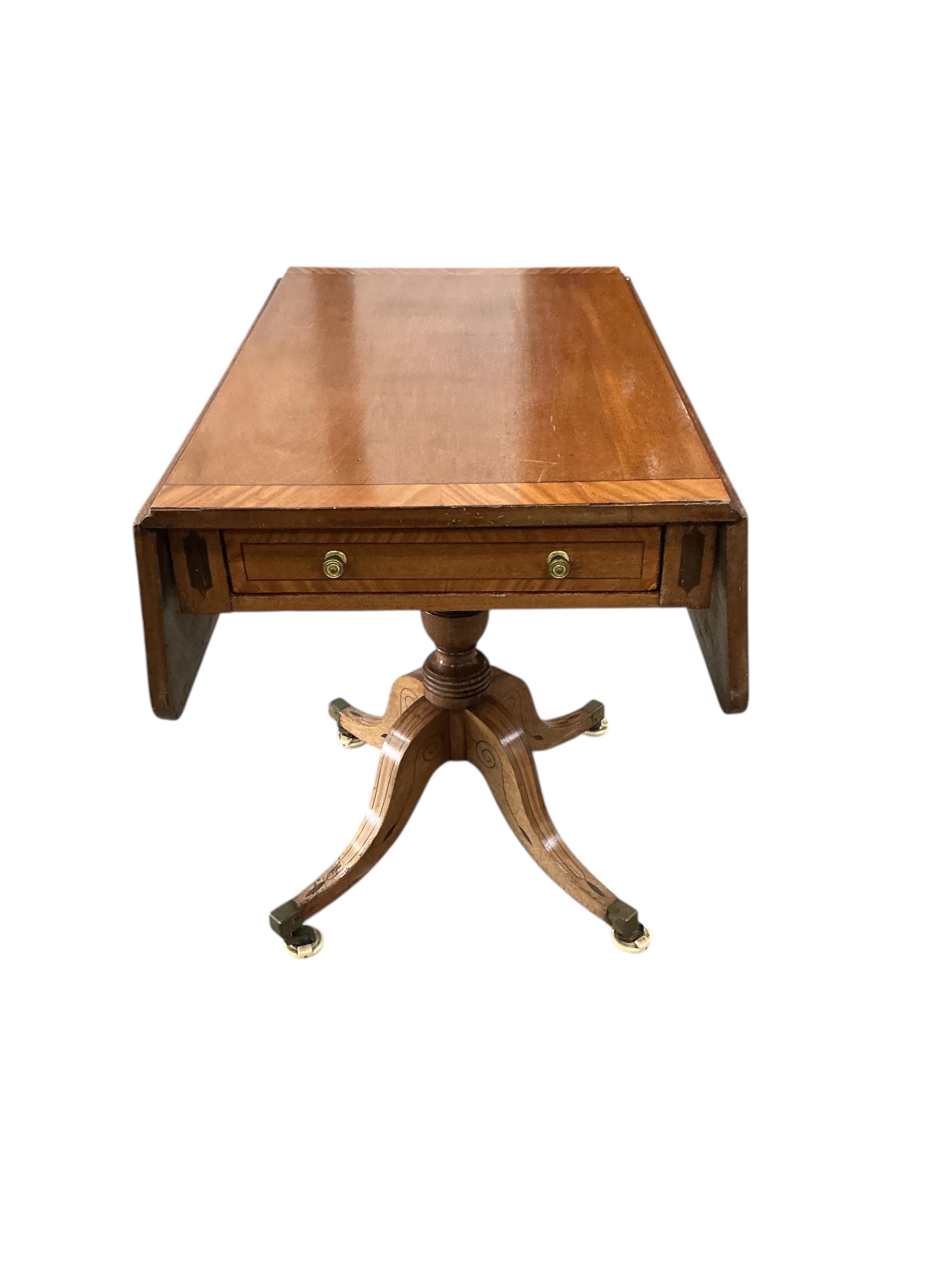 A Regency banded mahogany drop leaf Pembroke breakfast table fitted two drawers, width 81cm, depth 52cm, height 74cm